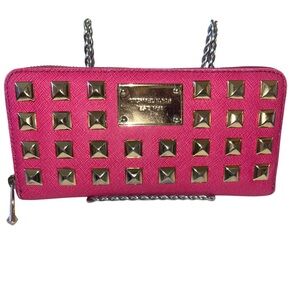 Michael Kors Fuchsia Pink Pyramid Studded Continental Zip Wallet